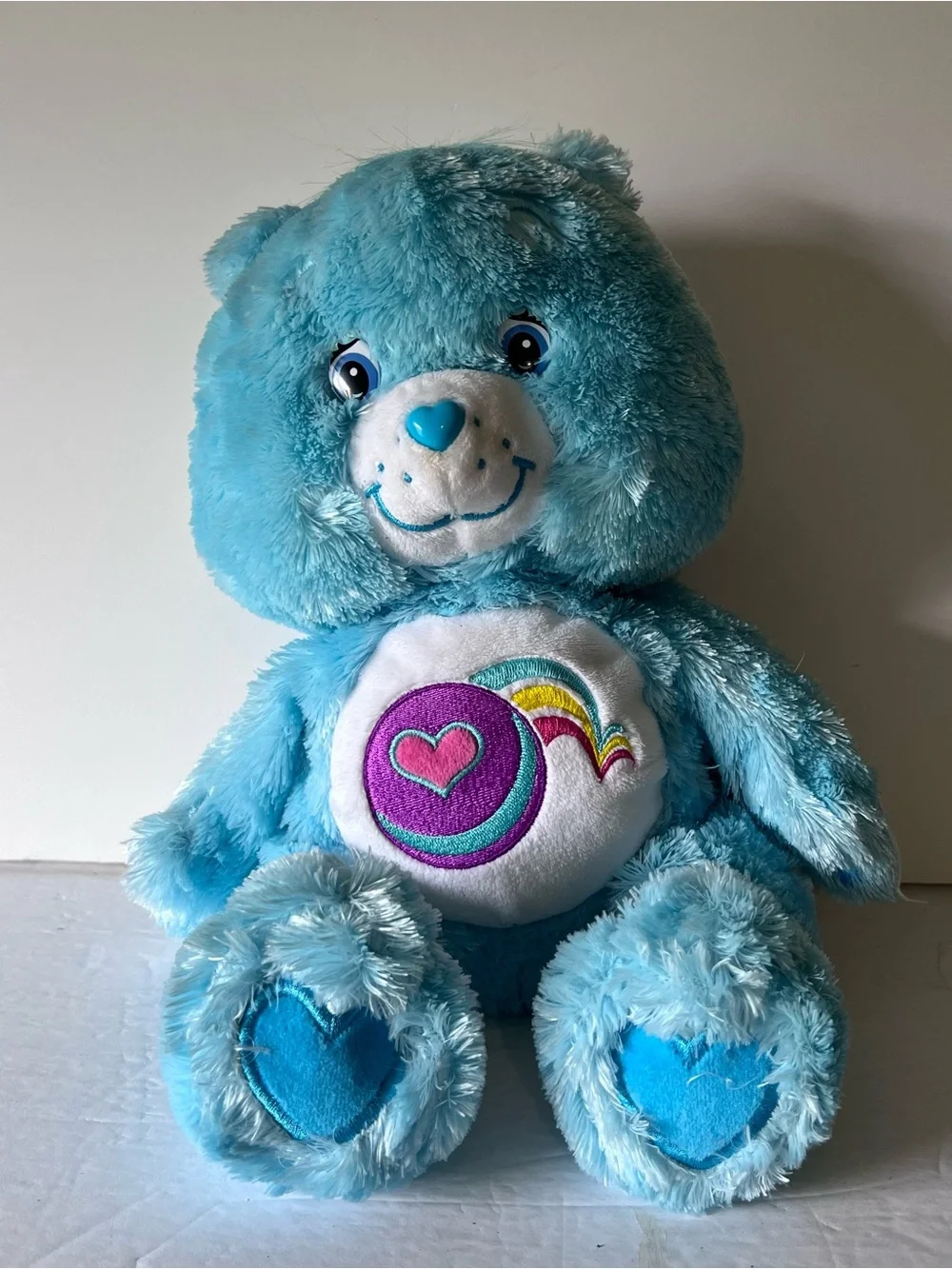 Vintage 2005 Care Bear Play-A-Lot Fluffy & Floppy 12” Blue Bear Ball & Rainbow